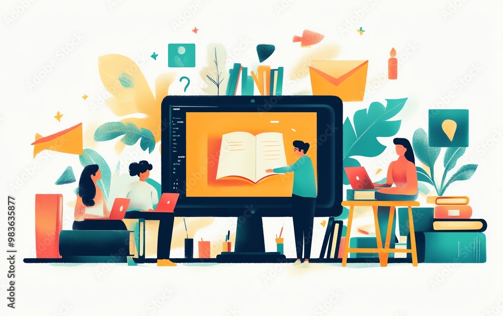 Poster stylish image of lifelong learning with adults using digital devices and educational tools in variou