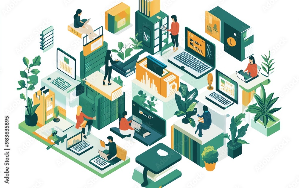 Poster stylish image of lifelong learning with adults using digital devices and educational tools in variou
