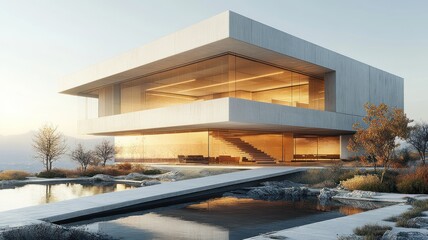 Obraz premium Modern architectural structure with large glass windows and serene landscape.