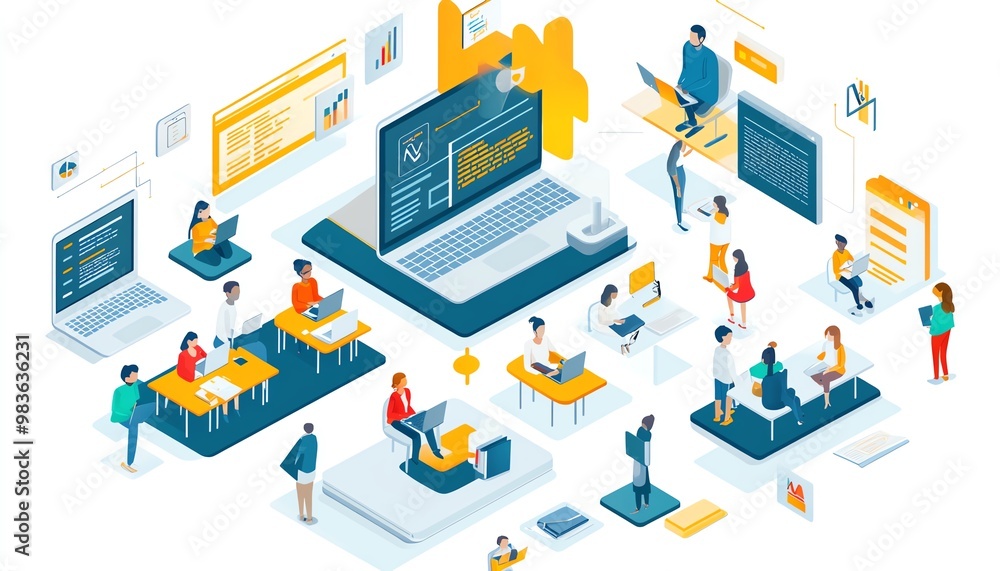 Poster creative image of an elearning platform featuring virtual classrooms, interactive lessons, and diver