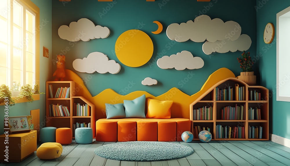 Poster dynamic depiction of reading comprehension activities with interactive elements, colorful educationa