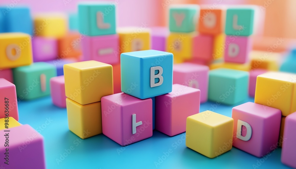 Aufkleber dynamic scene of 3d alphabet blocks arranged in a vibrant and interactive learning environment, clea
