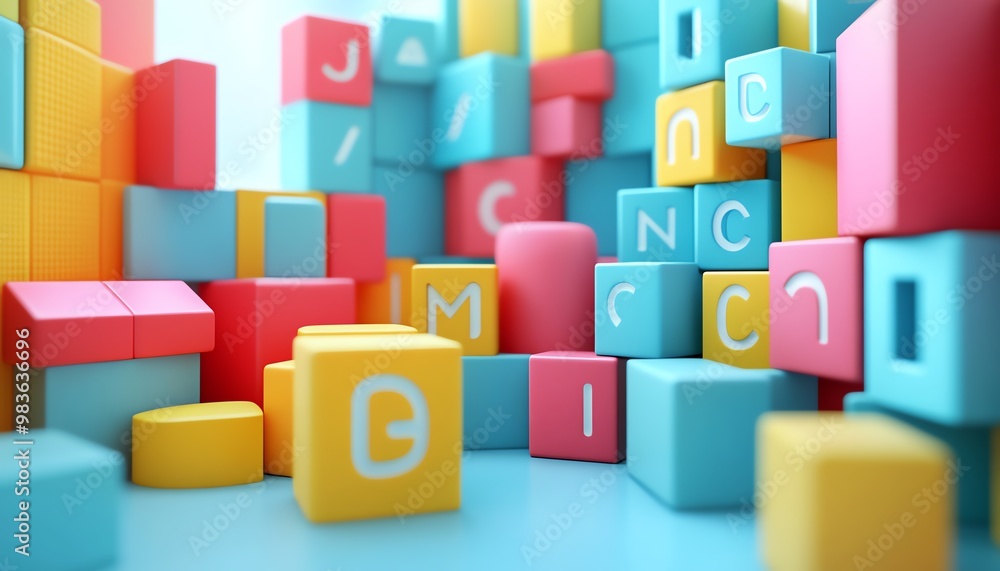 Aufkleber dynamic scene of 3d alphabet blocks arranged in a vibrant and interactive learning environment, clea