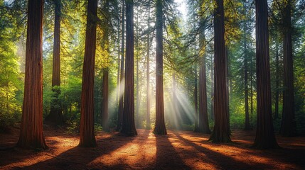Obraz premium Sunlight streams through a grove of towering redwoods, illuminating the forest floor with warm light.