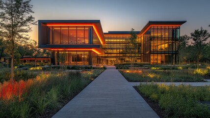Obraz premium Modern architectural building with vibrant lighting and gardens.