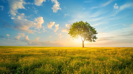 Fototapeta premium Summer landscape with a tree and yellow field.