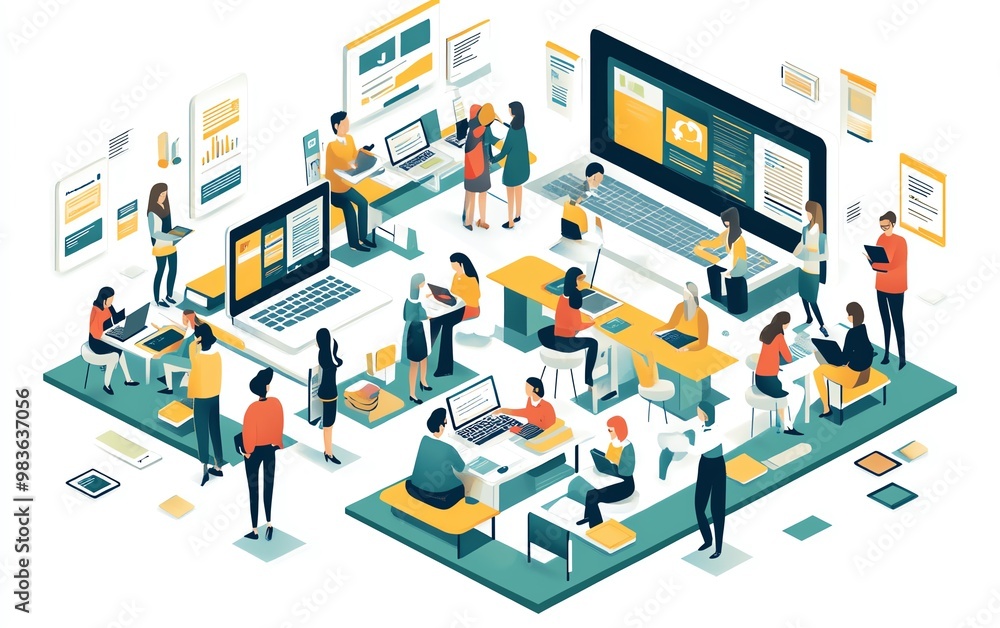 Poster illustration of a modern elearning setup with diverse learners engaging on laptops and tablets, inte