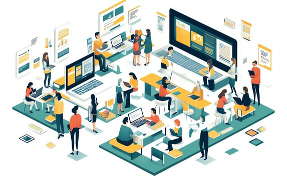 Illustration of a modern elearning setup with diverse learners engaging on laptops and tablets, interactive digital resources, bright and clean design