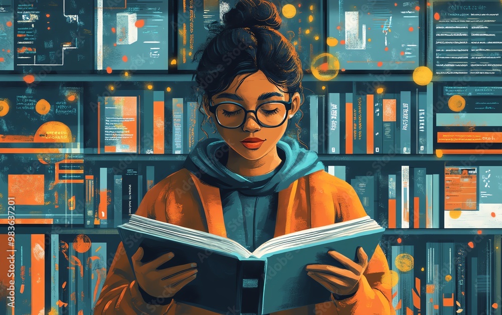 Poster illustration of a student using reading comprehension software with interactive exercises and colorf