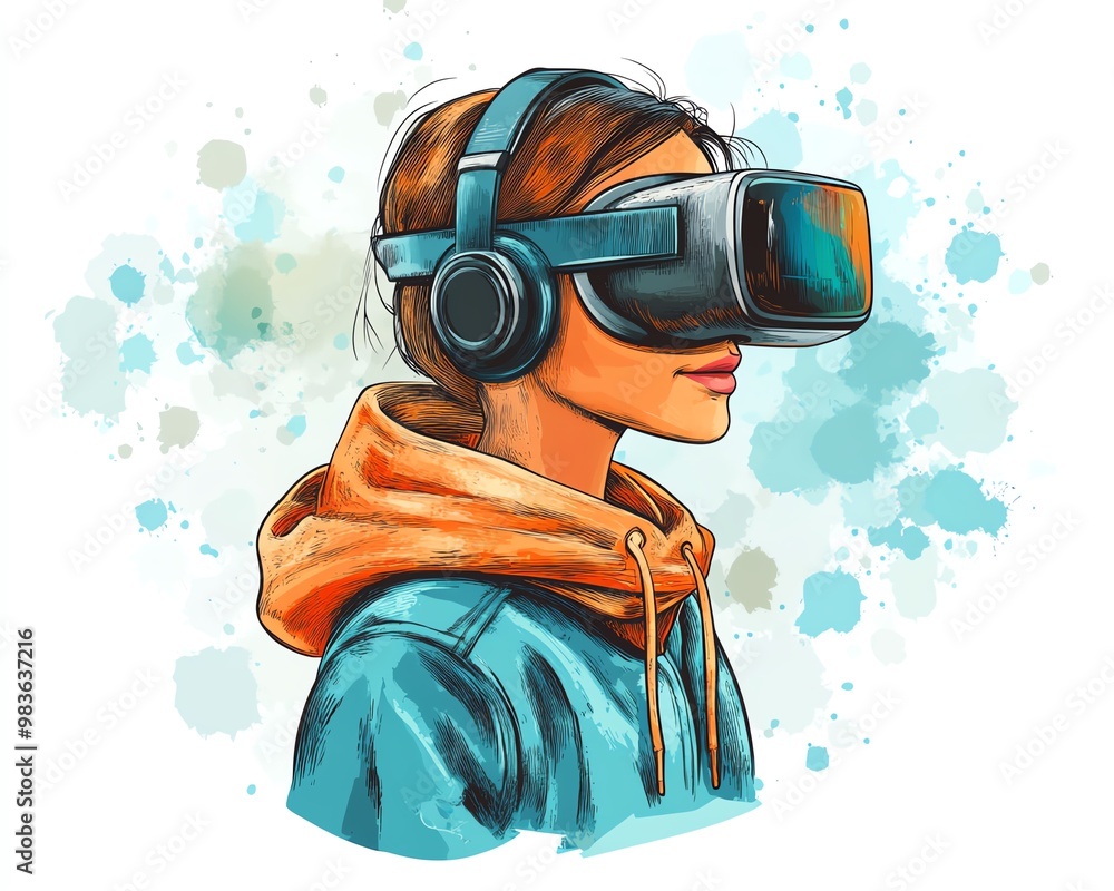 Poster illustration of a student using elearning tools like virtual reality and digital simulations, vibran