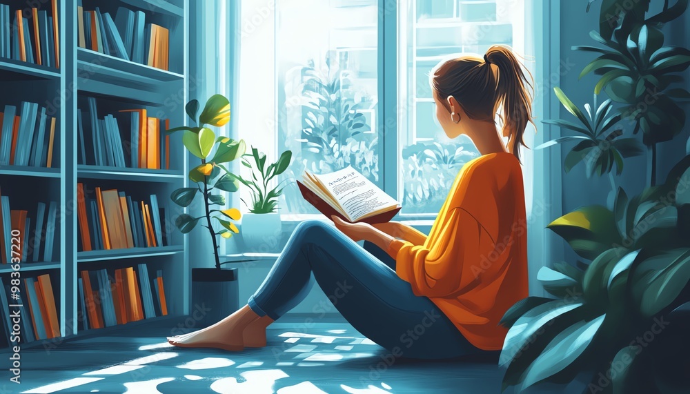 Aufkleber illustration of an engaging reading comprehension session with interactive reading tools, digital re