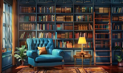Luxury living room interior with bookshelf and armchair