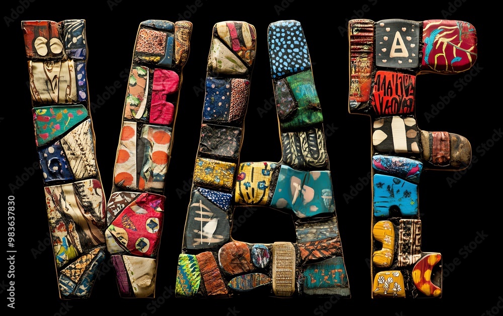 Poster stylish image of alphabet letters designed with artistic flair, including patterns and textures, cle