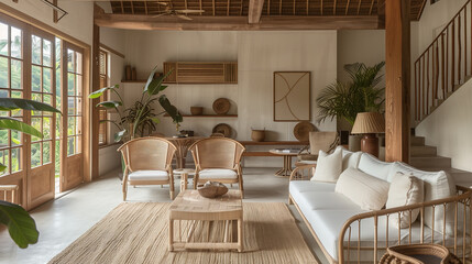 Open, airy interior design concept with tropical wood, woven rattan furniture, and a neutral color palette, blending modern design with traditional Filipino elements