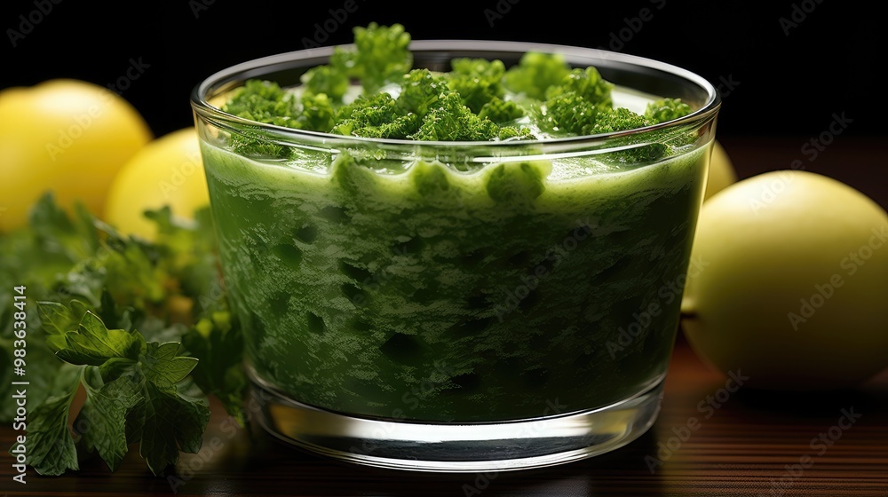 Canvas Prints overhead shot of a green smoothie with straws on a wood table  