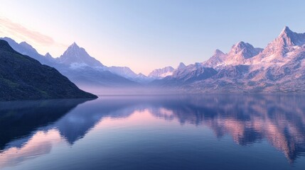 Illustration of the reflection of the majestic mountain in a calm lake in the morning under a clear sky. Ai generated image