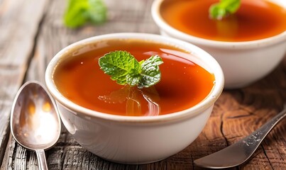 Creme caramel on a white plate with candles in the background.