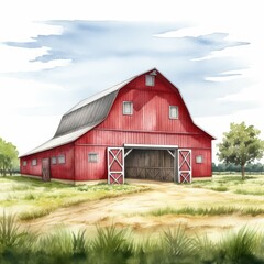 Charming Red Barn in Countryside &acirc;&euro;&ldquo; Watercolor Illustration of Rural Farm Scene