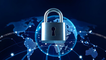 Padlock Securing a Digital Globe with Network Connections