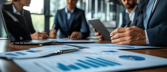 A lifelike image of a group of business consultants working together at a large desk
