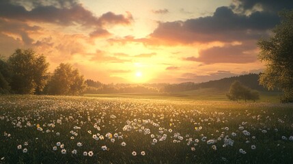 Golden Sunset Over a Field of Wildflowers