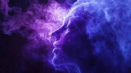 Obraz premium Abstract Purple Smoke with face silhouette, Dynamic Swirling and Flowing Texture. Copy space background. Ai generated image