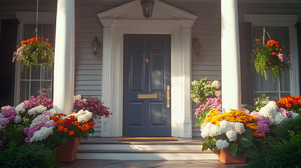 Fototapeta premium A charming house with a blue door, surrounded by colorful flowers in pots, bathed in warm sunlight.