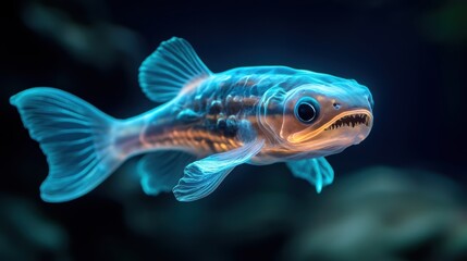 Fototapeta premium Fast-moving abyssal fish with bioluminescent patterns, weaving through the dark waters to evade predators
