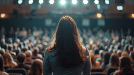 business woman giving a talk in an auditorium generative ai