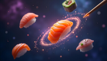 Salmon Nigiri Sushi Floating with Magical Sparkle Trail