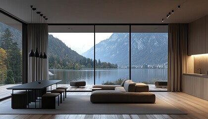 Contemporary minimalist apartment with large windows overlooking a lake and mountains
