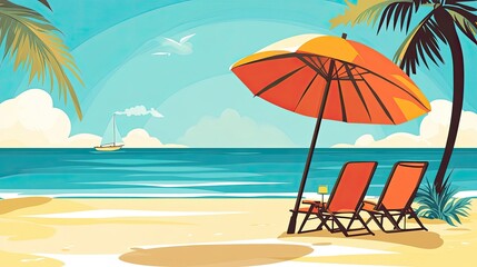 A serene beach scene with umbrellas and lounge chairs by the ocean.