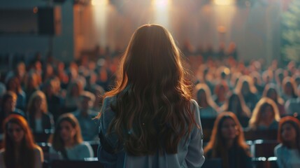 business woman giving a talk in an auditorium generative ai