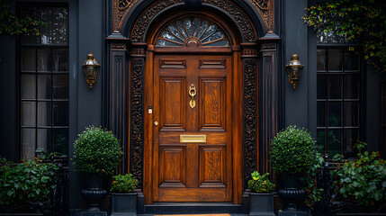 Obraz premium A classic wooden door with ornate details, flanked by plants and lanterns, welcomes you to a charming home.