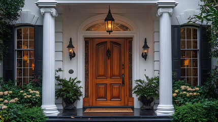 Fototapeta premium A classic wooden front door with a welcoming mat, flanked by white columns and ornate lanterns.