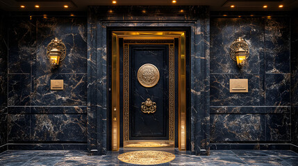 A grand, ornate door with gold accents set against a backdrop of black marble. The door is framed by two sconces and a tiled floor.