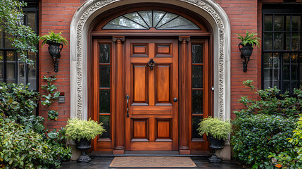 A traditional wooden door with decorative accents, framed by a brick facade and greenery.