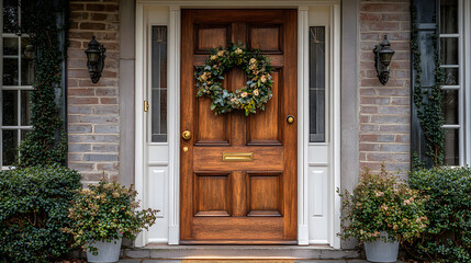 A traditional wooden front door with a wreath, flanked by potted plants.  Brick facade and white trim.  A welcoming entrance.