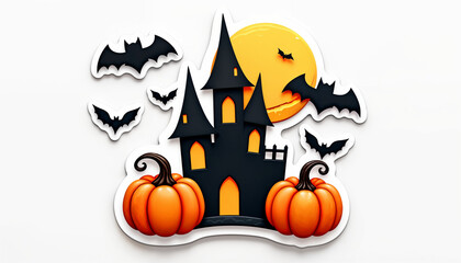 Halloween decorative sticker pumkins, bats, moon and castle on transparent background