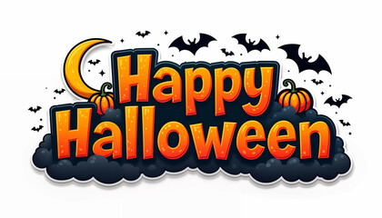 Happy Halloween digital illustration text shape with pumkins, bats, black cloud and moon decorative on transparent background