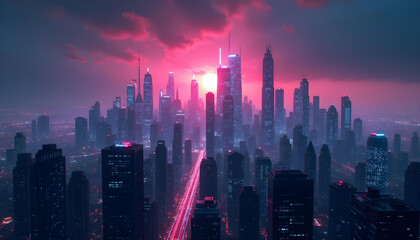 Fototapeta premium Cityscape at Dusk with Pink Sky and Street Lights