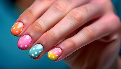 Model’s hand showcasing a playful polka dot nail design with bright pastel shades.