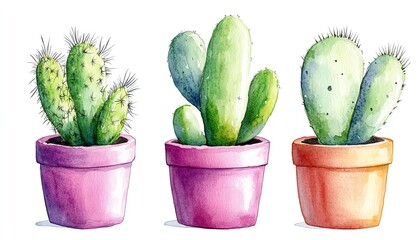 Watercolor cactus in a bright pink pot, clipart style, on a white background, showcasing vibrant colors and delicate brushstrokes