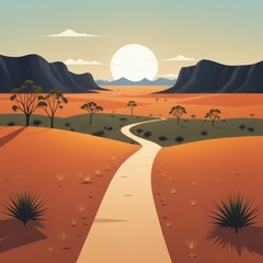 Outback Australia sunset landscape down under, red sandy desert landscape of the australian outback gum with trees, Generative AI