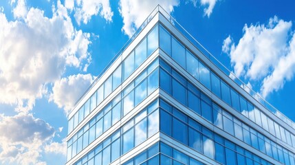 Fototapeta premium A modern office building stands tall against a wide-open sky, offering ample space for business-themed copy text