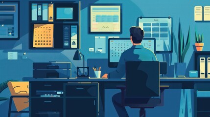 Fototapeta premium Man Working in a Modern Office with Blue Walls