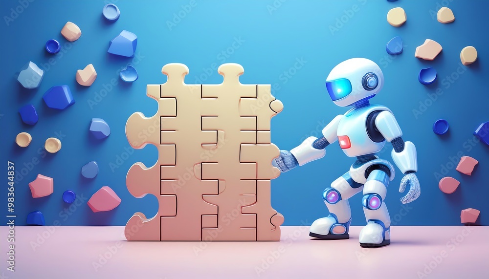 Poster a robot interacts with a colorful puzzle piece against a bright background, symbolizing technology a