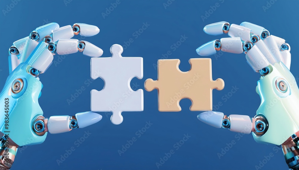 Poster two robotic hands hold puzzle pieces, symbolizing technology, connectivity, and problem-solving in a