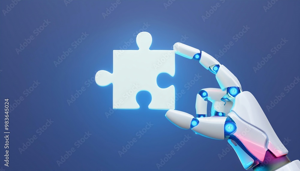 Poster a robotic hand holds a glowing puzzle piece against a blue background, symbolizing integration and p