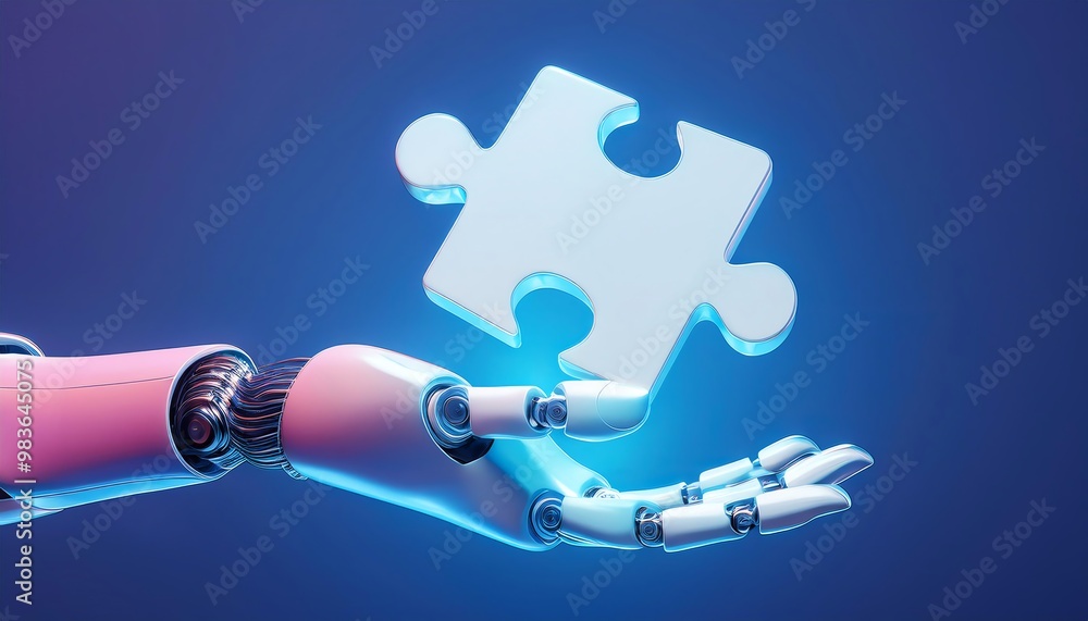 Poster a robotic hand holds a puzzle piece, symbolizing the integration of technology and problem-solving i
